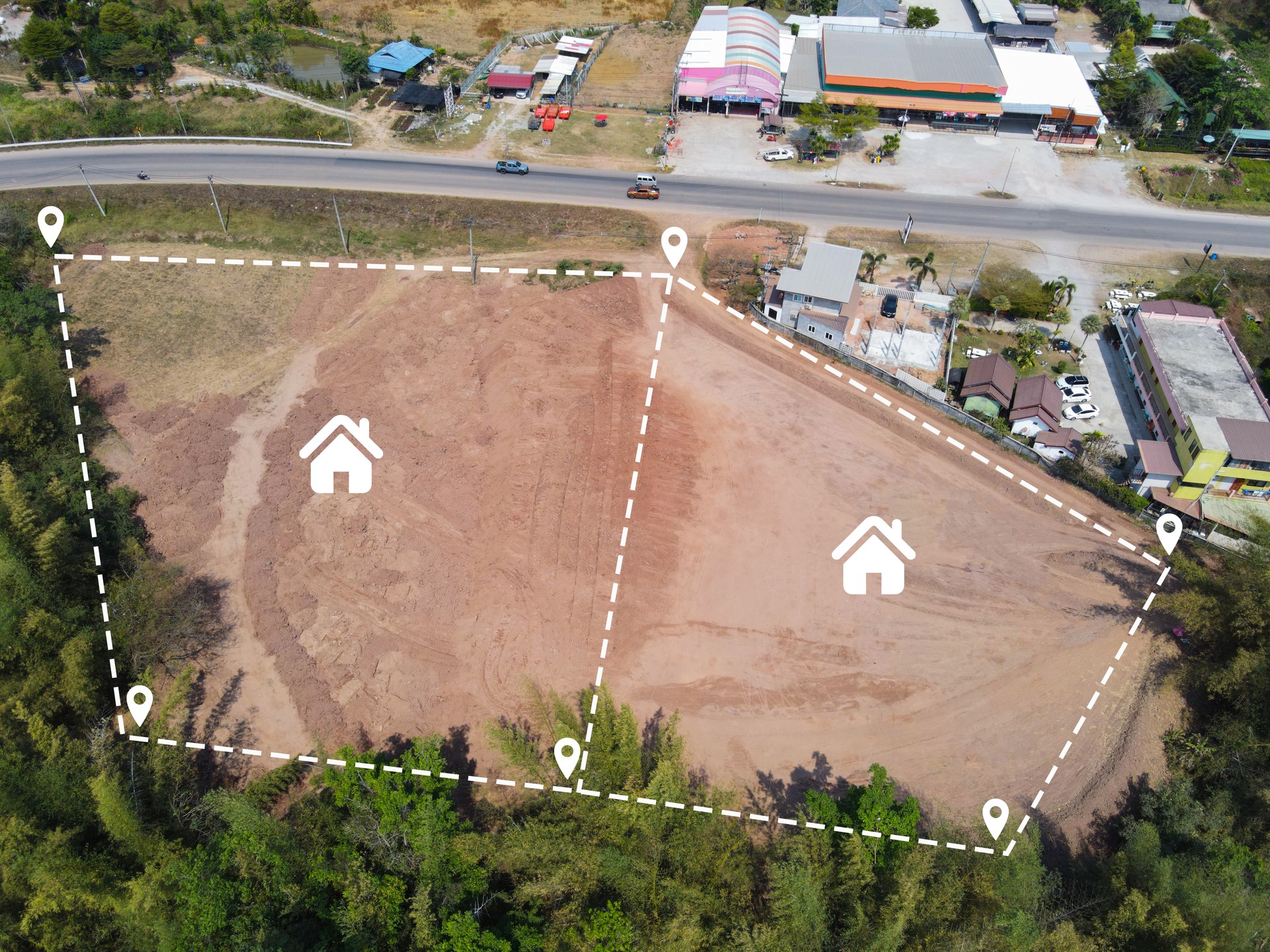 vacant land management land reclamation for land plot for building house aerial view, land pins location for housing subdivision residential development owned sale rent buy or investment home expand