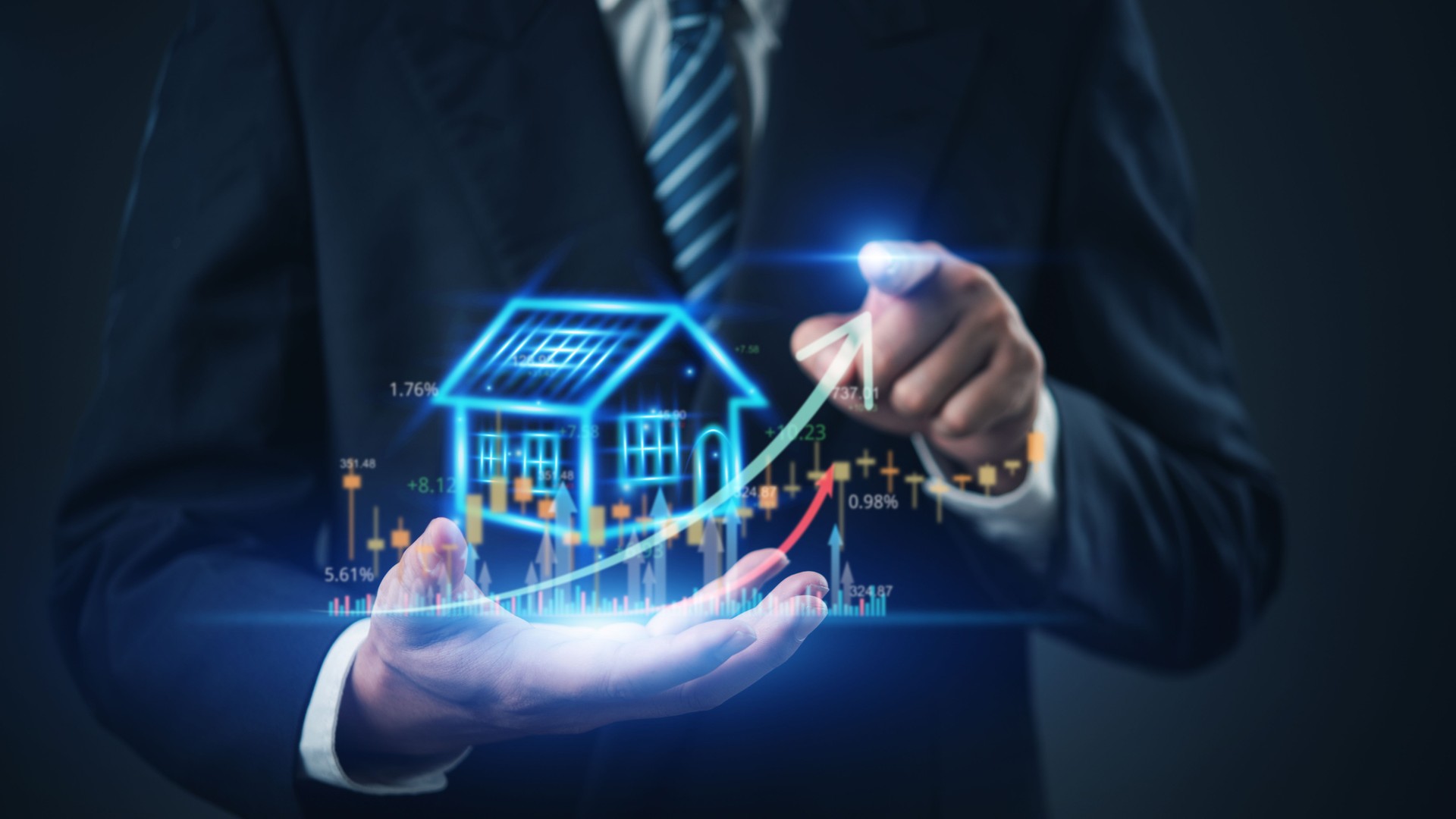 Real estate investment concept with businessman showing housing growth, property analytics, financial chart, and market trends for smart home investment.
